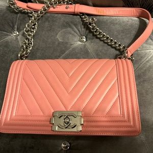 Chanel Calfskin Chevron Quilted Medium Boy Flap Pink